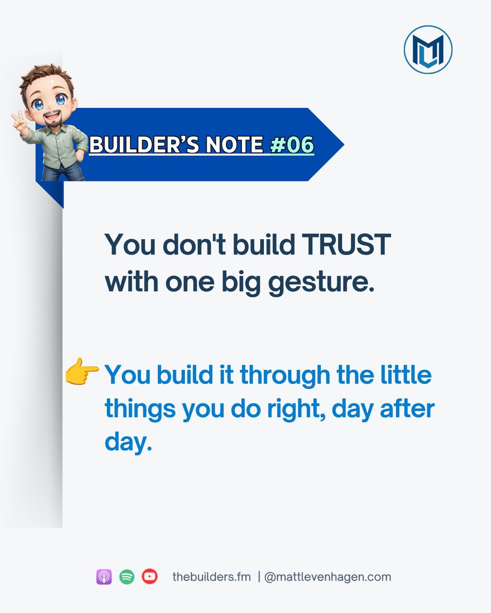 mattlevenhagen's tweet photo. Trust isn’t built with one big gesture. It’s built by doing the little things right—replying when you say you will, following through, and showing up when things get complicated. 

Do that consistently, and people know they can count on you. 👌

#BuildersMindset #ClientExperience https://t.co/fJQbIQxEYU