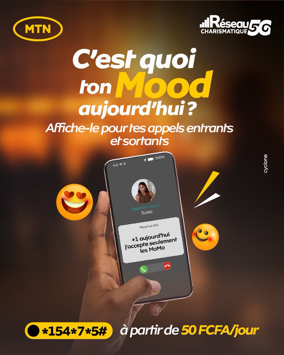 MTN_123's tweet photo. C’est quoi ton mood aujourd’hui ? 😎✨

Affiche-le à tous tes contacts dès qu’ils t’appellent ! 📲

Active ton Mood ya lelo avec le code *154*7*5# à partir de 50 FCFA/jour.

#alorsonfaitquoiaujourdhui #charismatique https://t.co/xGZTP30Yir