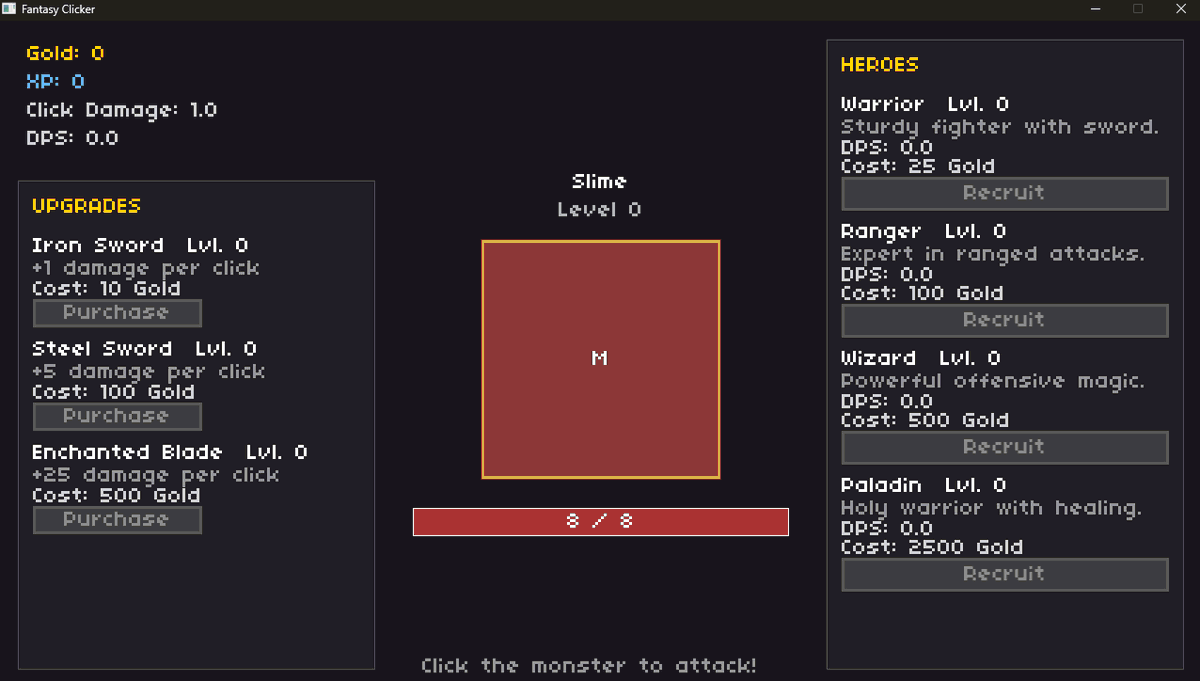 eyuzwa's tweet photo. Into "clicker" games? I've got a prototype of a fantasy-themed clicker setup on Itch. Built in C++ using SDL3 and ported over to the web with emscripten.
Should I add more heroes or upgrades..?
https://t.co/yugNMbXmAV
#rpg #clicker #sdl3 #html5 https://t.co/3tyCKybVQa