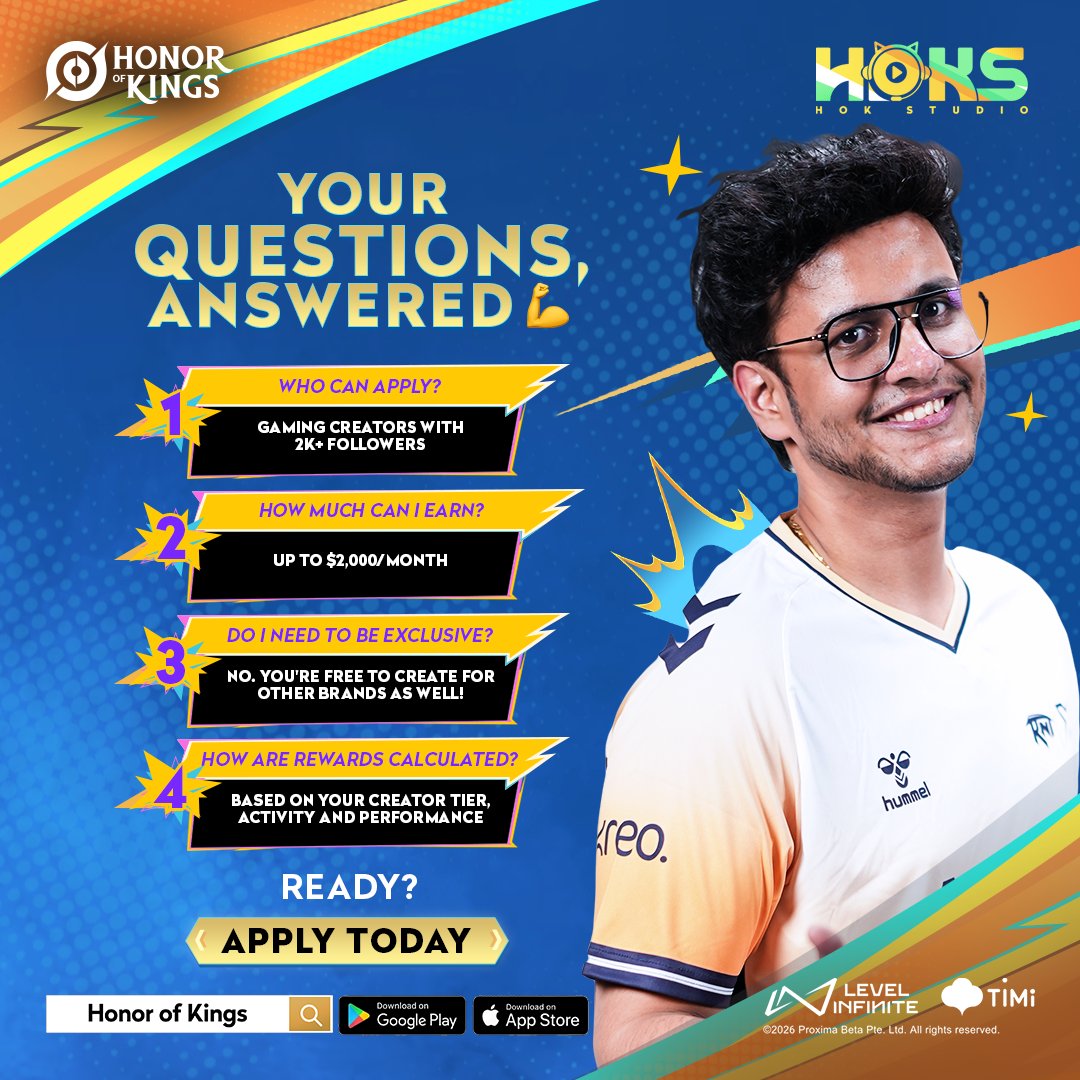 HOKIndia's tweet photo. Got questions? We've got answers.
From eligibility and rewards to payouts and partnerships, we've answered the questions creators ask the most.
Swipe through and if you still have questions, drop them in the comments.
#HOKStudio #HonorOfKings #GamingCreator #CreatorFAQ #GamingCommunity #IndiaGaming