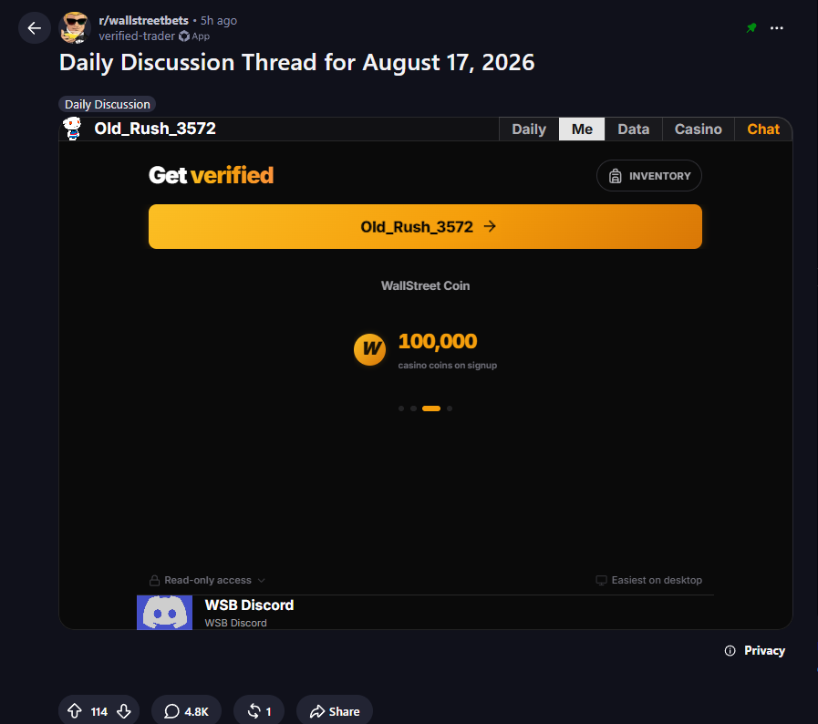 yeagrxbt's tweet photo. THIS IS INSANE

Wallstreet bets JUST created a game on reddit where you day trade PVP against each other in return for WALLSTREET COINS and a place on the leaderboard

(sign in your brokerage to see and use the coins) you can also gamble the coins in the in app casino

This is also where all the members of the reddit now communicate in the chat LOOK HOW ACTIVE IT IS RN

https://t.co/4MU8vdmpZ6