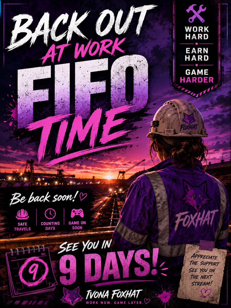 IvonaFoxhat's tweet photo. FIFO time again! 👷‍♀️✈️ Back out at work for another swing. Gaming is on pause for now — see you all in 9 days! 🎮🦊💜 Time to work hard, then come home and game harder! 🔥 https://t.co/chYCB6a9HK