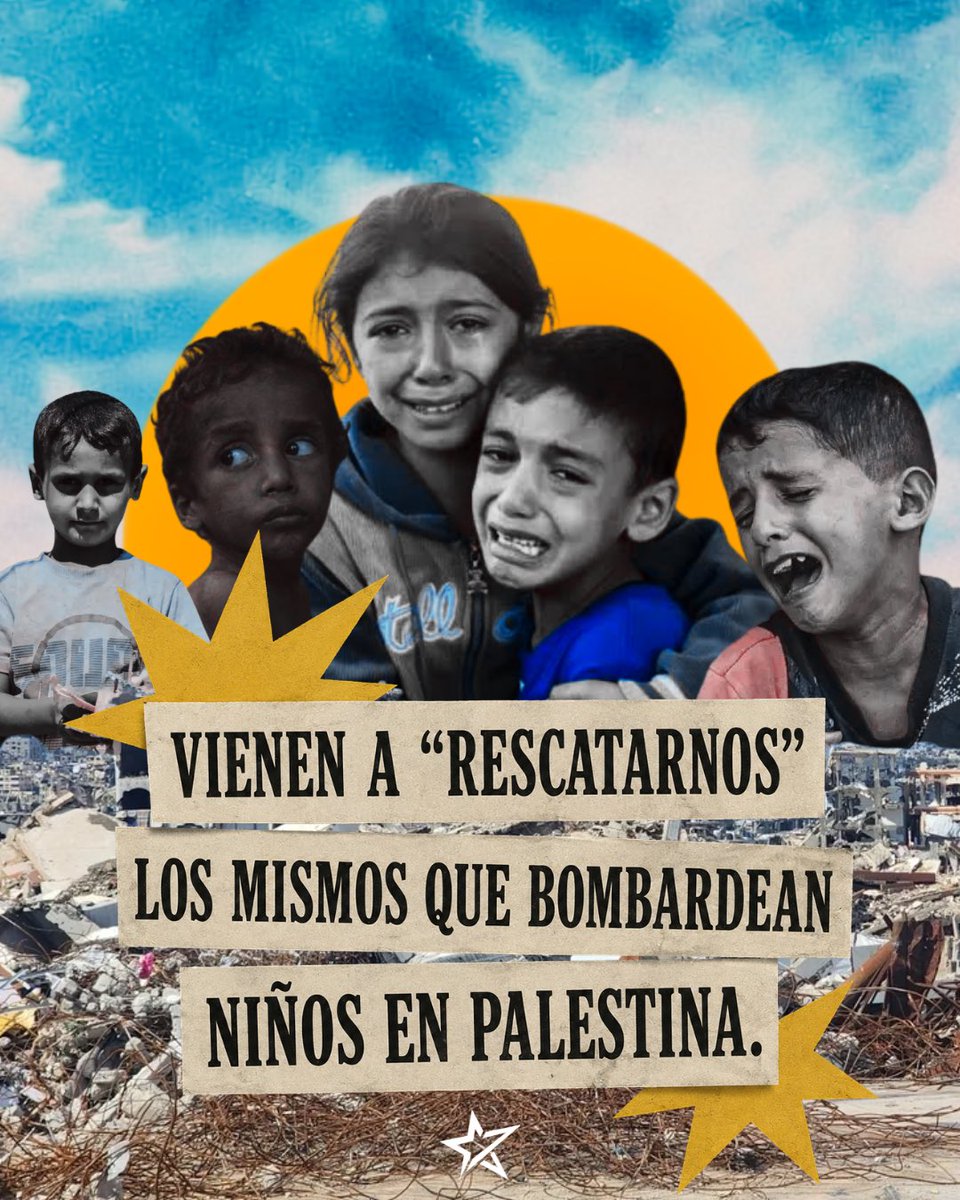 JuventudRe2024's tweet photo. PALESTINA LIBRE 🇵🇸

Vienen a “rescatarnos” quienes sostienen un Estado ilegítimo que ha bombardeado a miles de palestinos.

No necesitamos salvadores que hablan de paz mientras cometen un genocidio en tierras que no le pertenecen.

#israelterrorist #sionistas #palestine🇵🇸❤️ https://t.co/llejNeNiQP