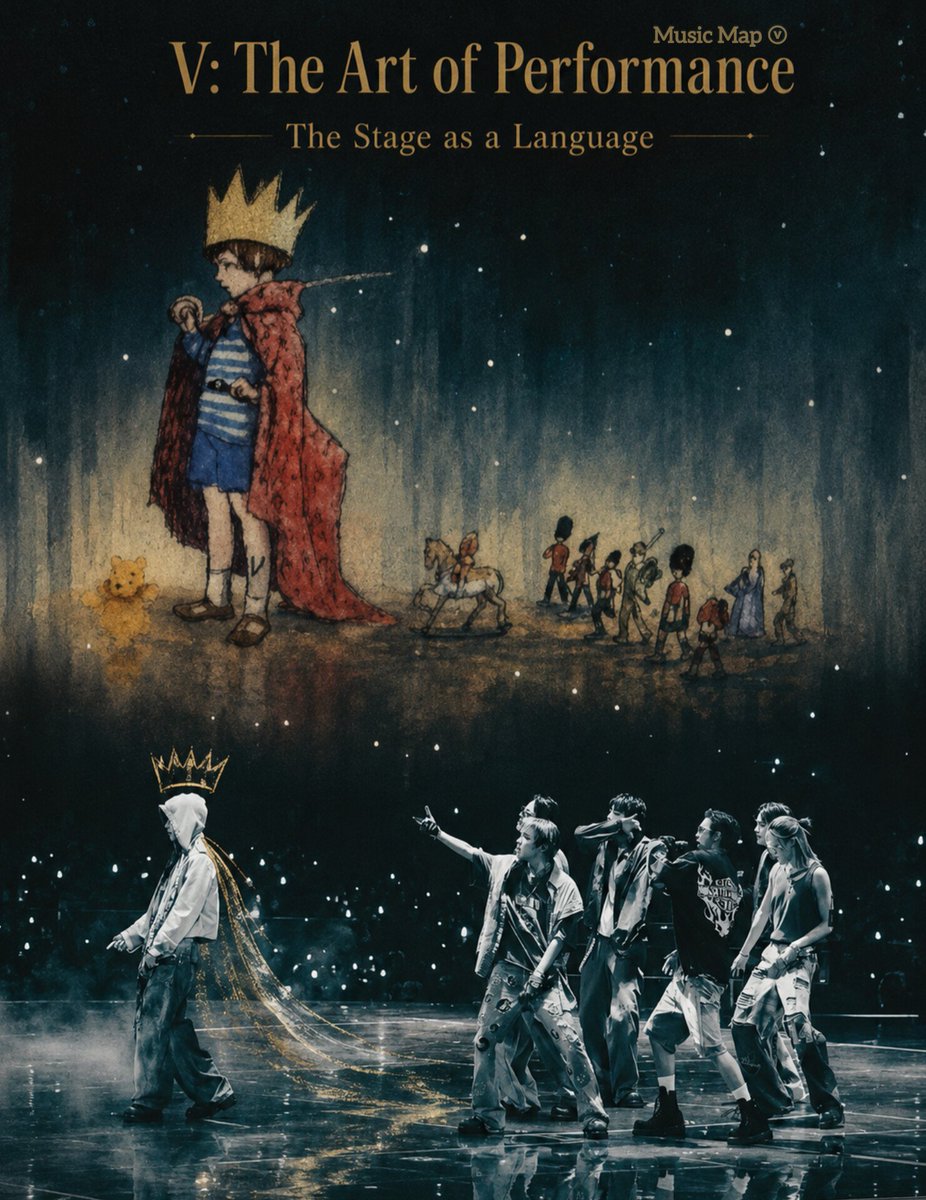 musicmapv's tweet photo. V: The Art of Performance
The Stage as a Language

40 shows have already been performed across 17 cities and 9 countries, and Kim Taehyung has been transforming the Arirang Tour into a continuous demonstration of performance as a language. He does not simply use different forms of artistic expression: ❝ he becomes the art itself, translating music, movement, imagery, and emotion into stage presence ❞.

With every performance, the King of the Stage, V, seems to surpass his own limits. Across different countries, his presence continues to generate attention, searches, and buzz, while his performances become some of the most talked-about moments of the shows.

His voice stands at the center of this construction. His instantly recognizable timbre is paired with technical mastery, breath control, sustained support, dynamics, placement, and nuance. Alongside these technical elements, #V adds vocal improvisations and variations that refresh familiar songs and reveal spontaneity. Taehyung interprets rather than simply reproducing.

In dance, his individuality is equally unmistakable. Even when performing the same choreography as the others, his musicality, range of motion, strength, and way of accentuating each movement create his own interpretation. And it is not only about subtle details: there are moments of high physical tension, explosive energy, fervor, and sheer power, creating striking contrasts between restraint and full surrender. At certain points, his dancing feels like a show within the show itself.

All of this connects with his interactions with fans. A smile, a handshake, a hug, a gentle touch, a gesture, or an exchanged glance can bridge the distance between stage and audience, revealing genuine engagement with the moment.

There is also his visual dimension. Costumes, silhouettes, accessories, and aesthetic choices expand his artistic language. His looks help shape the atmosphere and presence he creates.

It is the combination of voice, technique, improvisation, dance, intensity, interpretation, aesthetics, and emotion that creates the impact of #KimTaehyung.

Even within a collective formation, Taehyung leaves an unmistakable signature.

❝ He transforms the stage into a language. ❞