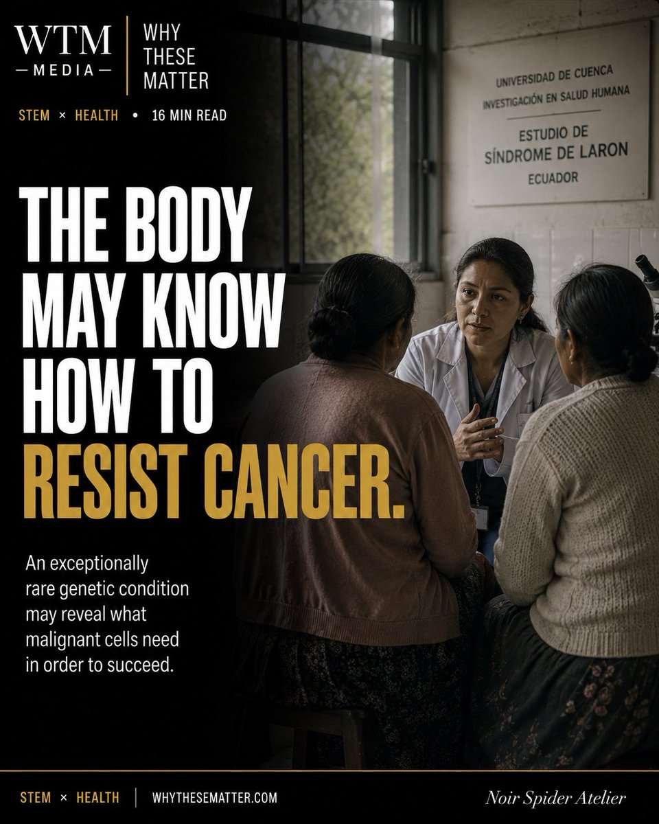 whythesematter's tweet photo. Some people with Laron syndrome appear to develop cancer at strikingly low rates.

That does not mean immunity.

The consequential question is what their rare biology might reveal about the conditions cancer needs to thrive — and whether those mechanisms can inform prevention.

Read: WTM Media⁠ — https://t.co/GwXdZZBDP8

#CancerResearch #LaronSyndrome