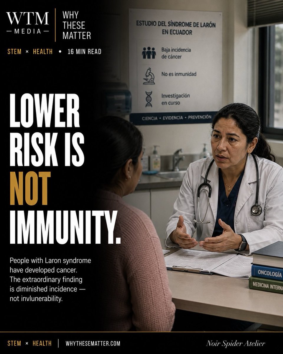 whythesematter's tweet photo. Some people with Laron syndrome appear to develop cancer at strikingly low rates.

That does not mean immunity.

The consequential question is what their rare biology might reveal about the conditions cancer needs to thrive — and whether those mechanisms can inform prevention.

Read: WTM Media⁠ — https://t.co/GwXdZZBDP8

#CancerResearch #LaronSyndrome