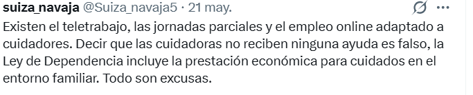 23andaluza's tweet photo. Soy cuidadora a tiempo completo y no, no vivo amargada por gusto ni es tan facil conseguir un teletrabajo o un empleo que te permita compaginar las dos cosas. Estuve 6 meses trabajando y pagando a una cuidadora pero es que al final se llevaba lo que yo ganaba. Es muy fácil ver https://t.co/zHYuCdnH5h