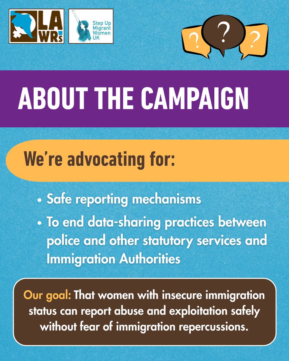 lawrsuk's tweet photo. ➡️ Do you know about the Step Up Migrant Women Campaign and what it advocates for? We're looking to end data-sharing practices between police and statutory services and Immigration Authorities and advocating for safe reporting mechanisms. (1/3) https://t.co/878D9JtaTz