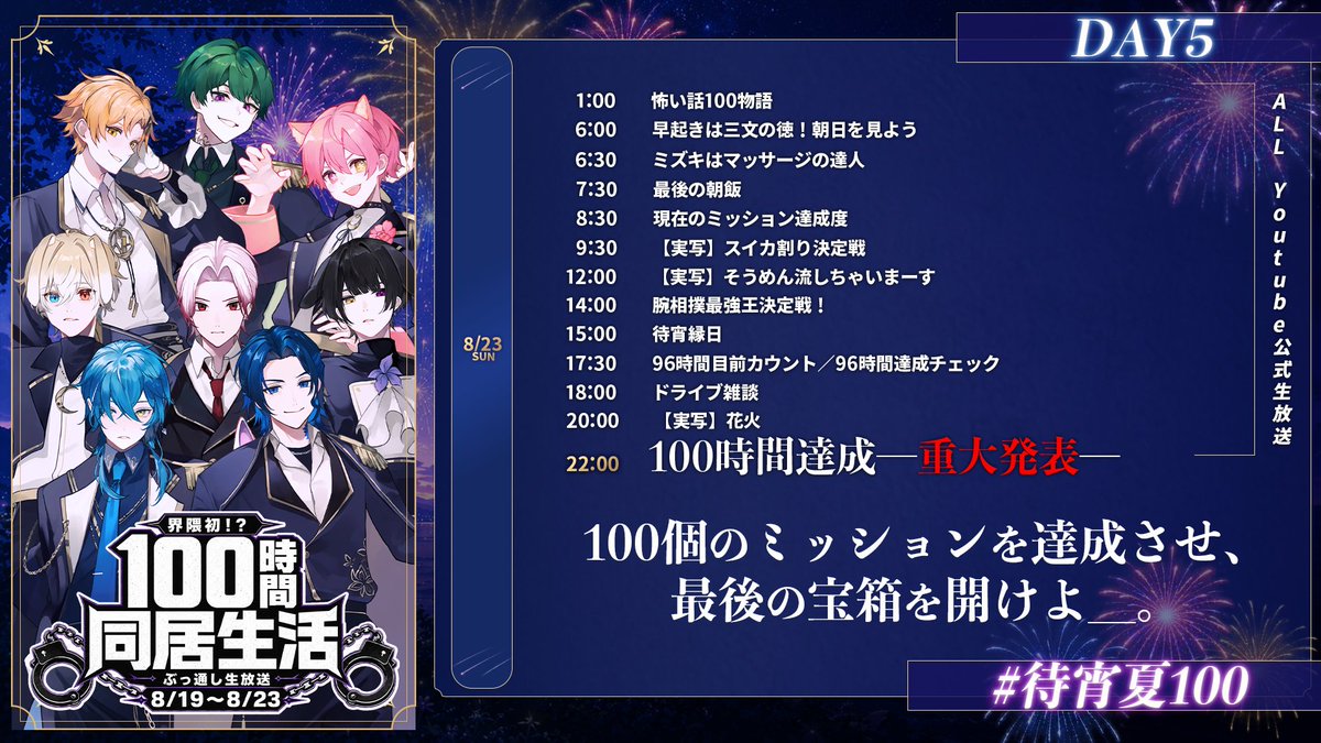 Matuyoi_info's tweet photo. 【100時間リアル同居生活ースケジュール大公開】
伝説を刮目せよ―。

開幕▾2026.08.19 18:00~
https://t.co/eZKktzGDCT
#待宵夏100 https://t.co/VLvJAsTQJO