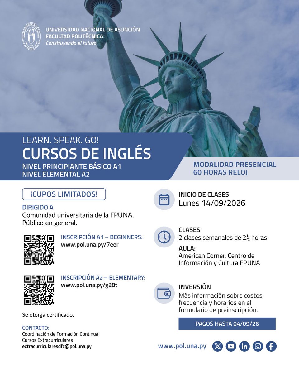 fpuna's tweet photo. 📌 Cursos de Ingles

Inscripciones
🔗 A1 - Beginners: https://t.co/CDAOABmcYx
🔗 A2 - Elementary:  https://t.co/fFhqU3fvlL https://t.co/iQrXc2ZBeL