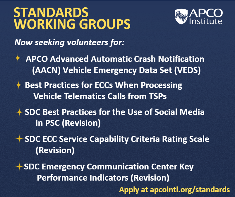 APCOIntl's tweet photo. Share your expertise on a standards working group. Five working groups currently have openings for volunteer public-safety communications professionals. Most working groups require only a few hours of participation virtually each month. Learn more at https://t.co/T9eIdipLAo https://t.co/OJGVYCeTMr