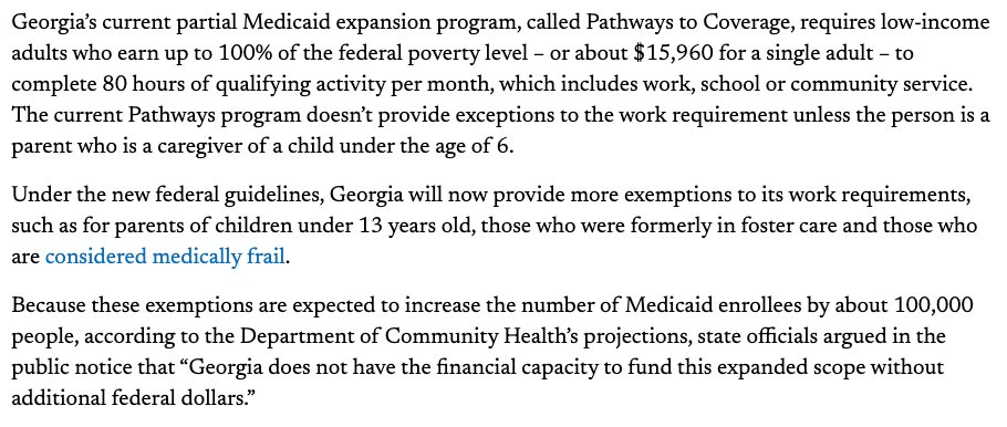 onceuponA's tweet photo. Georgia is facing a Medicaid funding shortfall because the state has to adapt its work requirement policies to new federal standards, which are more lenient than what the state had implemented and budgeted for in their partial expansion (receiving only standard FMAP). https://t.co/rx4iXvwkQq