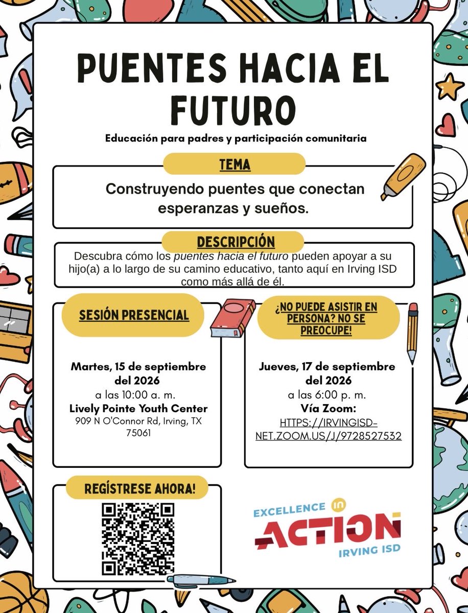 PFE_IISD's tweet photo. 📚✨ Two amazing opportunities are available for Irving ISD families this semester!

🌉 Bridges to the Future helps families explore the many academic, college, and career pathways available for students in Irving ISD and beyond. https://t.co/IZbYlYcG86
