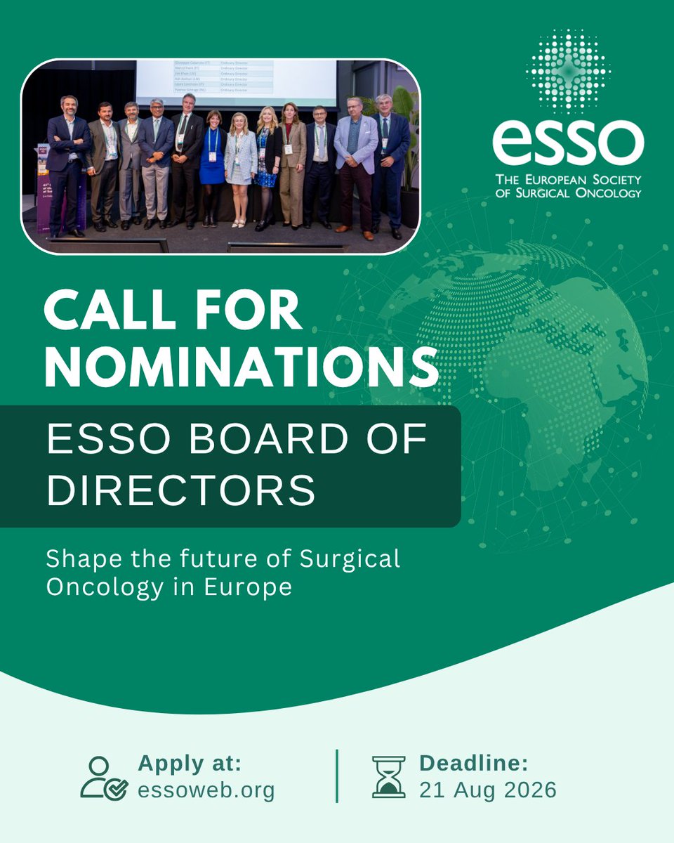 ESSOnews's tweet photo. 📢 Contribute to the surgical oncology community and support the continued growth of ESSO’s mission and vision!

Submit your nomination for the 2026 Board elections.
🔗https://t.co/WYkIr63MdW
📅 Apply by 21st August!

#CureCancerTogether https://t.co/8N7qKgcaJS