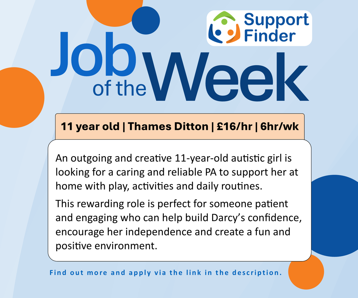 Support_Finder's tweet photo. Job of the Week: An outgoing and creative 11-year-old autistic girl is seeking a patient and dependable Personal Assistant to support her at home. Apply here: https://t.co/M1o28QsGLx

@JCPSurreySussex #Surreyjobs https://t.co/o6e7J3BsLB
