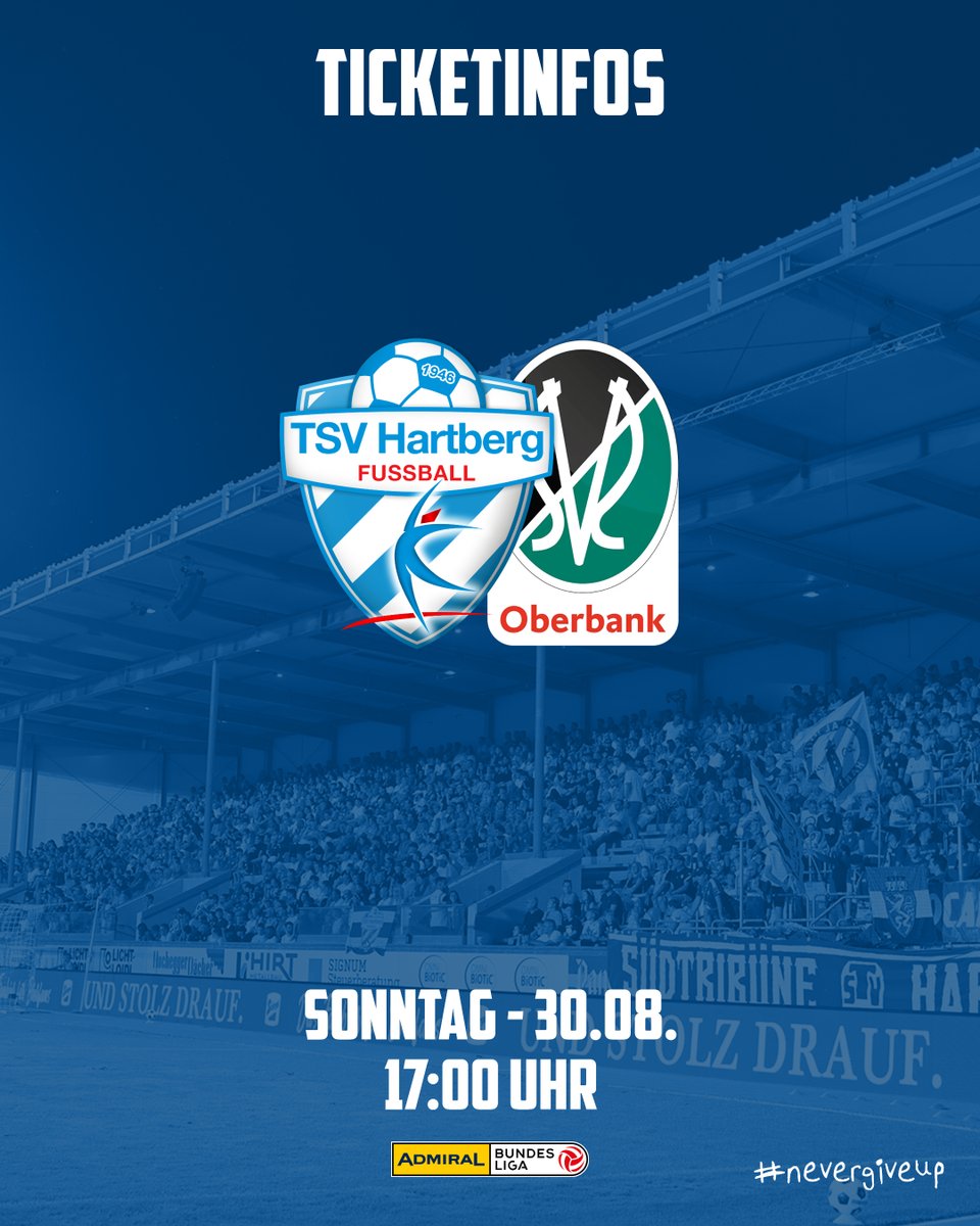 tsv_hartberg's tweet photo. Ab Dienstag sind Tickets für unser nächstes Heimspiel gegen SV Ried (30.08. – 17 Uhr) erhältlich! ⚽
ℹ️ Wie gewohnt gibt´s Eintrittskarten in unserer Geschäftsstelle, bei der Trafik Grabner und online. 🎫
Wir freuen uns auf eure Unterstützung! 💙
#htbsvr #forzatsv #nevergiveup https://t.co/Py6iF3AsMs