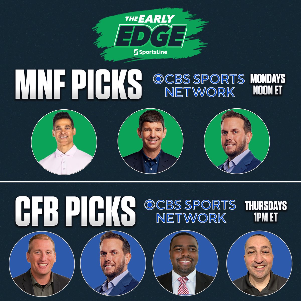 SportsLine's tweet photo. 🚨 SHOW ANNOUNCEMENT

Our NFL and CFB showtimes are out!

Join us LIVE during the Fall on our Youtube channel at 3pm every Wed and Fri for NFL picks and Props! 🏈 https://t.co/DhpJDSlD4B