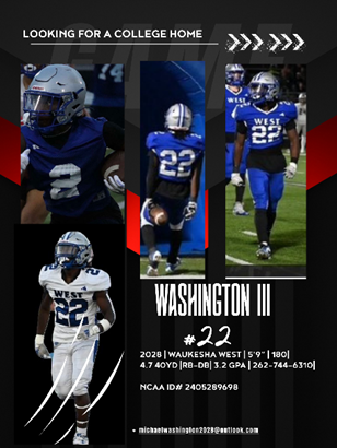 M_WashingtonIII's tweet photo. @Coach_KQuinn Words to live by coach!!!

Looking for a college home

Hello Coach, I am a 2028 RB out of Wisconsin. I would appreciate the opportunity to be evaluated for your recruiting board. https://t.co/UdEEKN2g2b