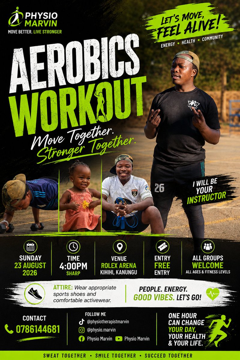 ArindaMarvin1's tweet photo. 🚨 KHIHIHI, ARE YOU READY? 🔥

This Sunday we MOVE! 💪🏾

📅 23 August 2026
⏰ 4:00 PM
📍 Rolex Arena, Kihihi–Kanungu
🎟️ FREE ENTRY

All groups &amp; fitness levels welcome. 🙌🏾

I’ll be your instructor

MOVE TOGETHER. GET STRONGER TOGETHER.

#Kihihi #Kanungu #Aerobics #PhysioMarvin #fy https://t.co/sph7O3OvaM