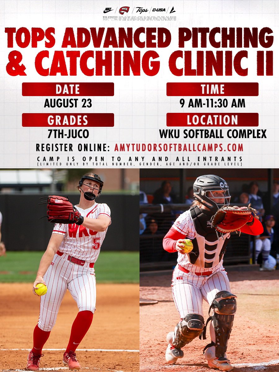 WKUSoftball's tweet photo. Upcoming August Camps 🥎☀️

Join us for Head Coach Amy Tudor’s Softball Camps August 22-23 at the WKU Softball Complex!

Sign Up: https://t.co/WZ6EquLpfm https://t.co/L2yXwpDVcU