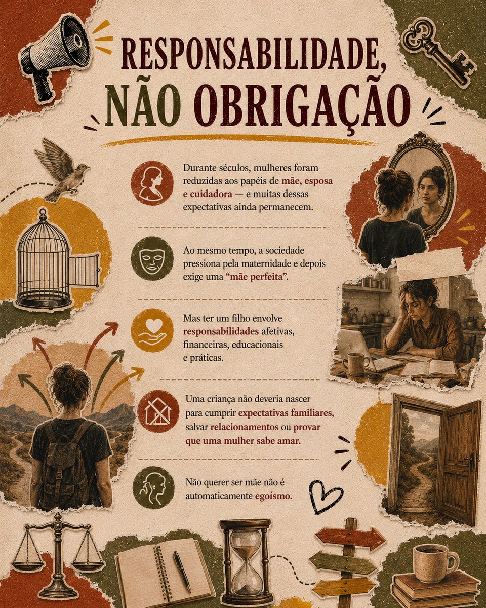 olhaelativista's tweet photo. Uma mulher não precisa ser mãe para ser uma mulher inteira.

Durante muito tempo, maternidade, casamento e cuidado foram apresentados às mulheres quase como etapas obrigatórias de uma vida considerada “completa”. E, embora muita coisa tenha mudado, ainda existem perguntas, cobranças e julgamentos quando uma mulher simplesmente diz: “eu não quero ter filhos”.

Defender essa escolha não significa desvalorizar a maternidade. Significa reconhecer que ela deve partir do desejo e da autonomia, e não da obrigação, do medo do arrependimento ou da necessidade de corresponder às expectativas dos outros.

Há mulheres que desejam profundamente ser mães. Há aquelas que não desejam. Há quem ainda não saiba, quem mude de ideia e quem permaneça certa de sua decisão durante toda a vida.

Todas essas experiências podem existir.

Porque filhos podem fazer parte de uma vida realizada —  mas não são condição para que uma vida seja inteira.

#PraTodosVerem | #Acessibilidade: as imagens deste carrossel possuem descrição acessível (ALT).