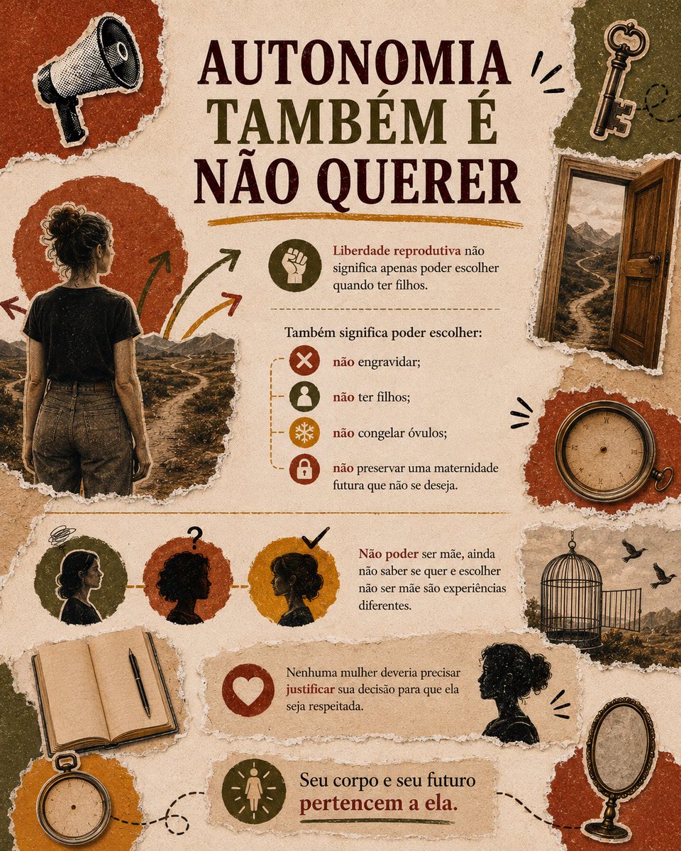 olhaelativista's tweet photo. Uma mulher não precisa ser mãe para ser uma mulher inteira.

Durante muito tempo, maternidade, casamento e cuidado foram apresentados às mulheres quase como etapas obrigatórias de uma vida considerada “completa”. E, embora muita coisa tenha mudado, ainda existem perguntas, cobranças e julgamentos quando uma mulher simplesmente diz: “eu não quero ter filhos”.

Defender essa escolha não significa desvalorizar a maternidade. Significa reconhecer que ela deve partir do desejo e da autonomia, e não da obrigação, do medo do arrependimento ou da necessidade de corresponder às expectativas dos outros.

Há mulheres que desejam profundamente ser mães. Há aquelas que não desejam. Há quem ainda não saiba, quem mude de ideia e quem permaneça certa de sua decisão durante toda a vida.

Todas essas experiências podem existir.

Porque filhos podem fazer parte de uma vida realizada —  mas não são condição para que uma vida seja inteira.

#PraTodosVerem | #Acessibilidade: as imagens deste carrossel possuem descrição acessível (ALT).