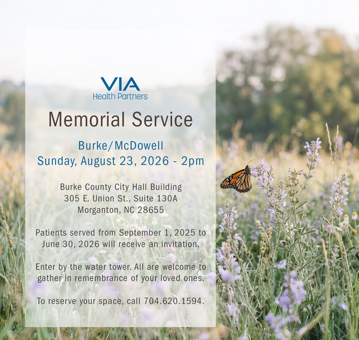 VIAHealthPartnr's tweet photo. We hope you'll join us for our Burke/McDowell Annual Memorial Service on Sunday, August 23, 2026 - 2:00 pm at the Burke County City Hall Building - 305 E. Union St., Suite 130A, Morganton, NC 28655.

To reserve your space, call 704-620-1594. https://t.co/RO7WfOmXYO