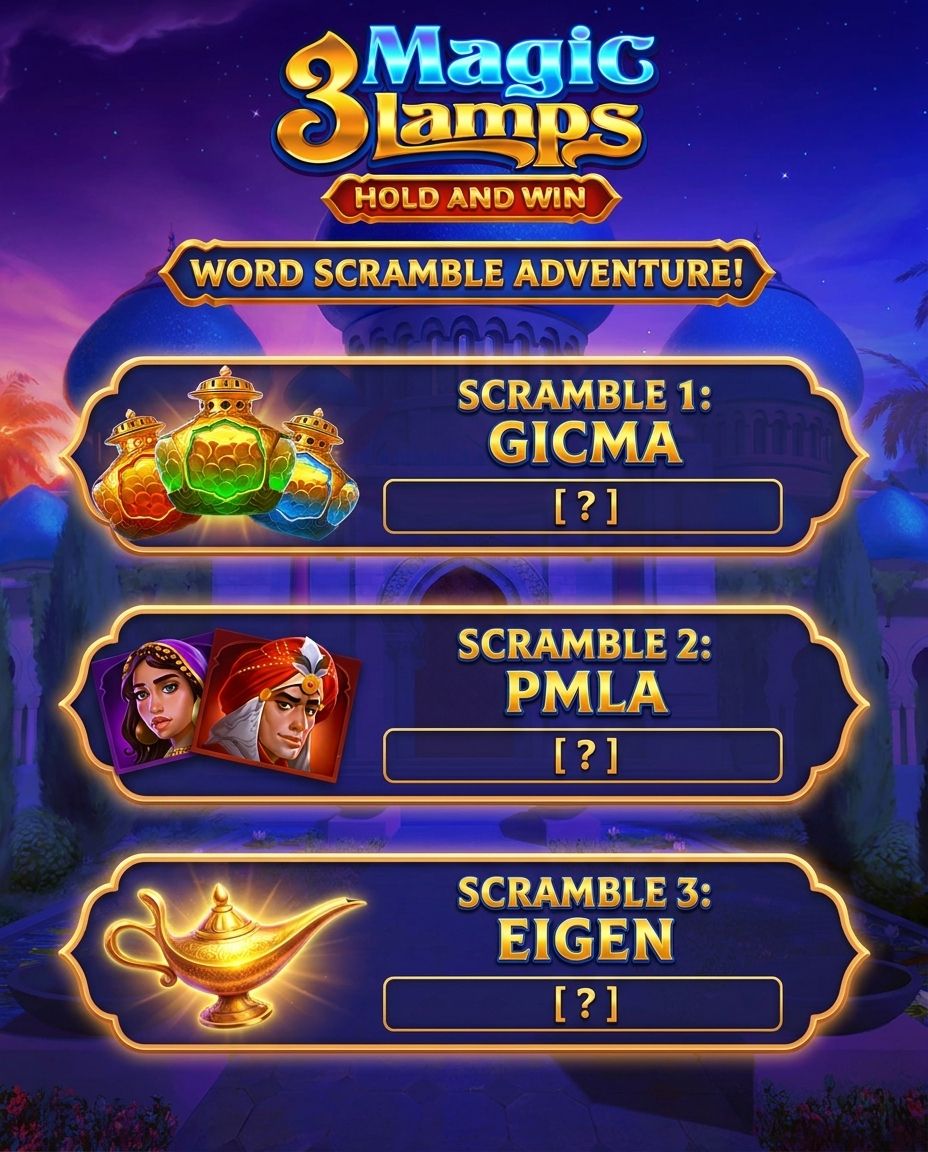 playspinsly's tweet photo. A little magic for your feed ✨🧞‍♂️

Can you solve all three words in our 3 Magic Lamps scramble?

Drop your answers in the comments, then head to https://t.co/0c3arUgrZN and explore the game for yourself.

#Spinsly #ThreeMagicLamps #WordScramble #GameTime #PlaySpinsly https://t.co/xjmSI0fwEA