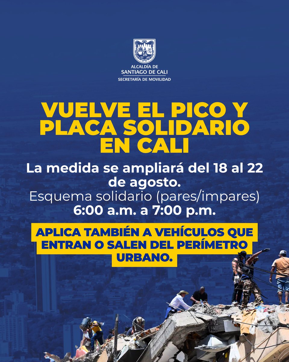 MovilidadCali's tweet photo. Mientras atendemos la emergencia, el Pico y Placa Solidario continúa vigente en Cali.

Antes de salir, verificá tu placa y tené presente la medida.

Entre todos aportamos para que la ciudad pueda seguir moviéndose mejor. ❤️‍🩹 https://t.co/6A7TnC5DzE