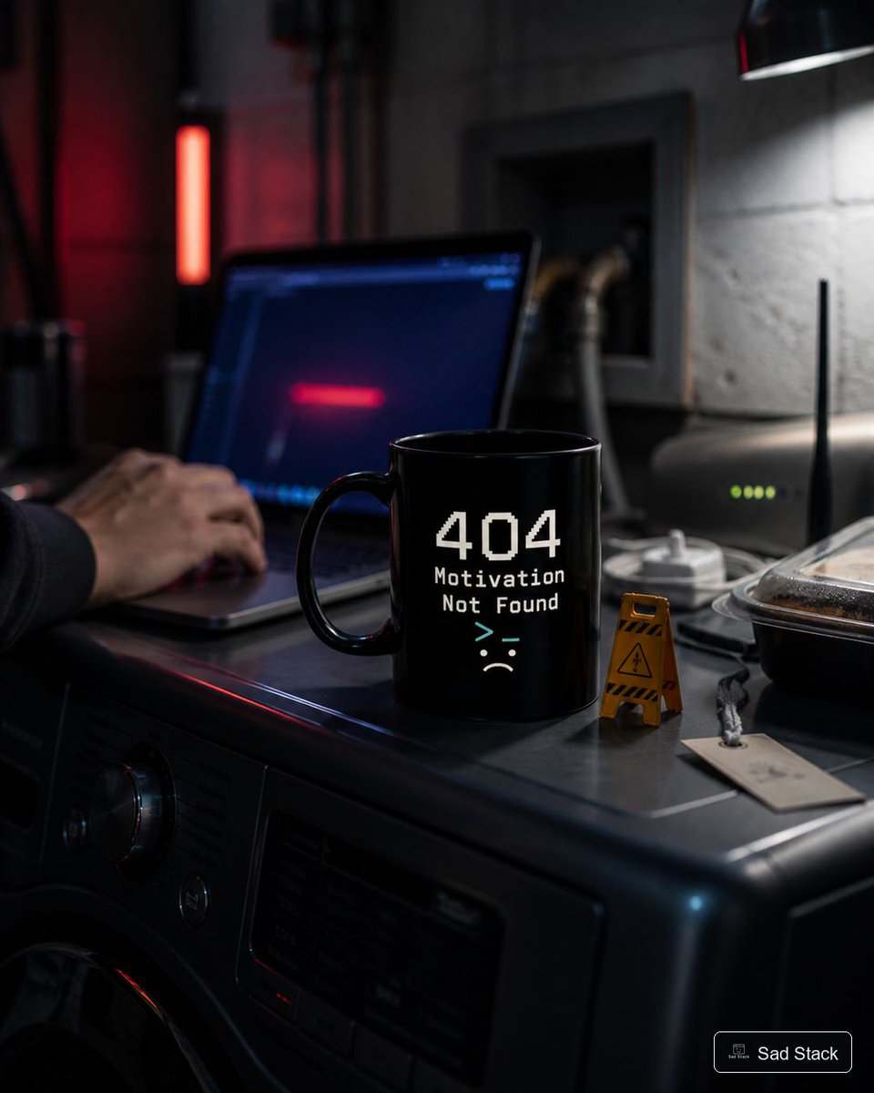 SadStackDev's tweet photo. Laundry room incident station: the laptop is alerting, the router is blinking, and the mug has already diagnosed the team's real blocker. #DevHumor #ProgrammerGift https://t.co/agPR1v3rBJ