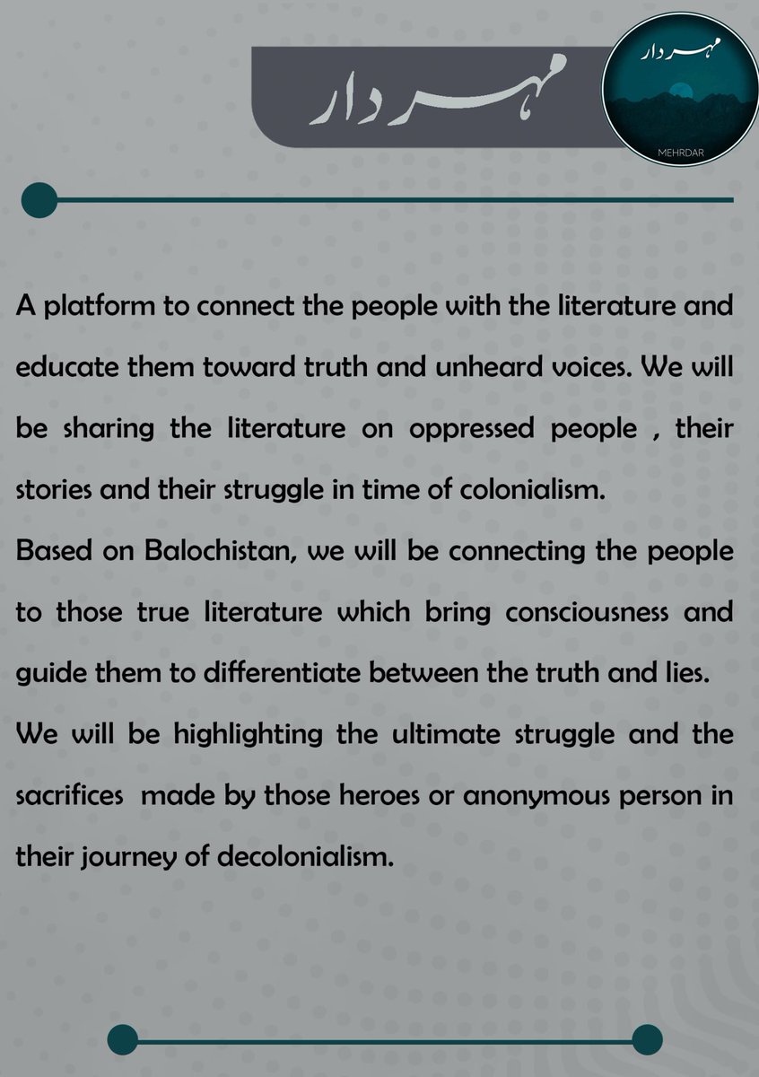 Mehrdar007's tweet photo. Mehrdar 

A platform to connect the people with the literature and educate them towards truth and unheard voices. We will be sharing the literature on oppressed people, their stories and their struggle in time of colonialism. 

#Mehrdar https://t.co/rxAI0DfirP