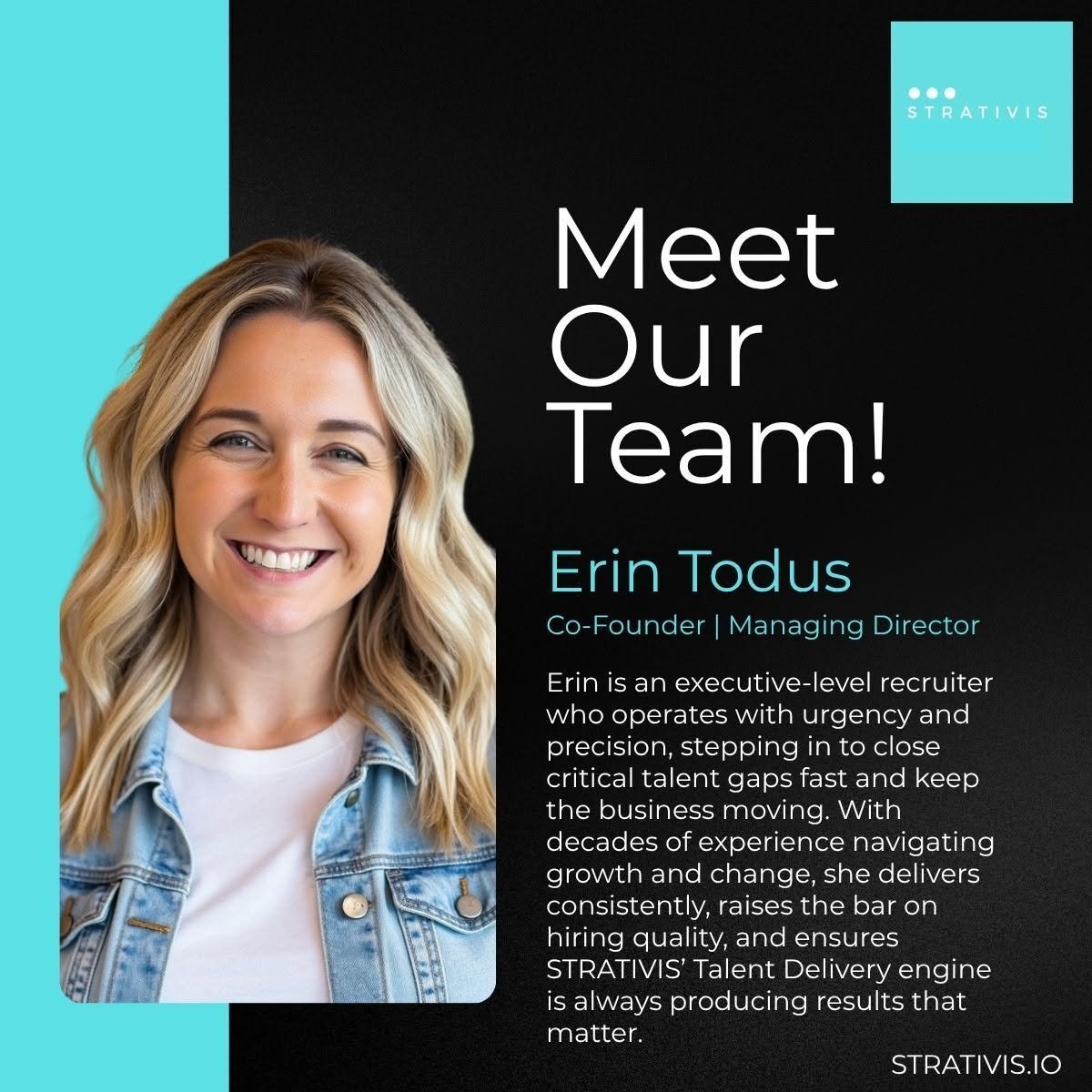 STRATIVIS_HR's tweet photo. Meet Erin Todus, STRATIVIS Co-Founder & Managing Director

Erin brings decades of executive recruiting experience and a relentless focus on finding the right talent, fast. She leads our Talent Delivery engine with urgency, precision, and a commitment to hiring quality.

Great businesses are built by great people, and Erin helps make sure you have the right ones in place.

#STRATIVIS #Talent #ExecutiveSearch #Leadership