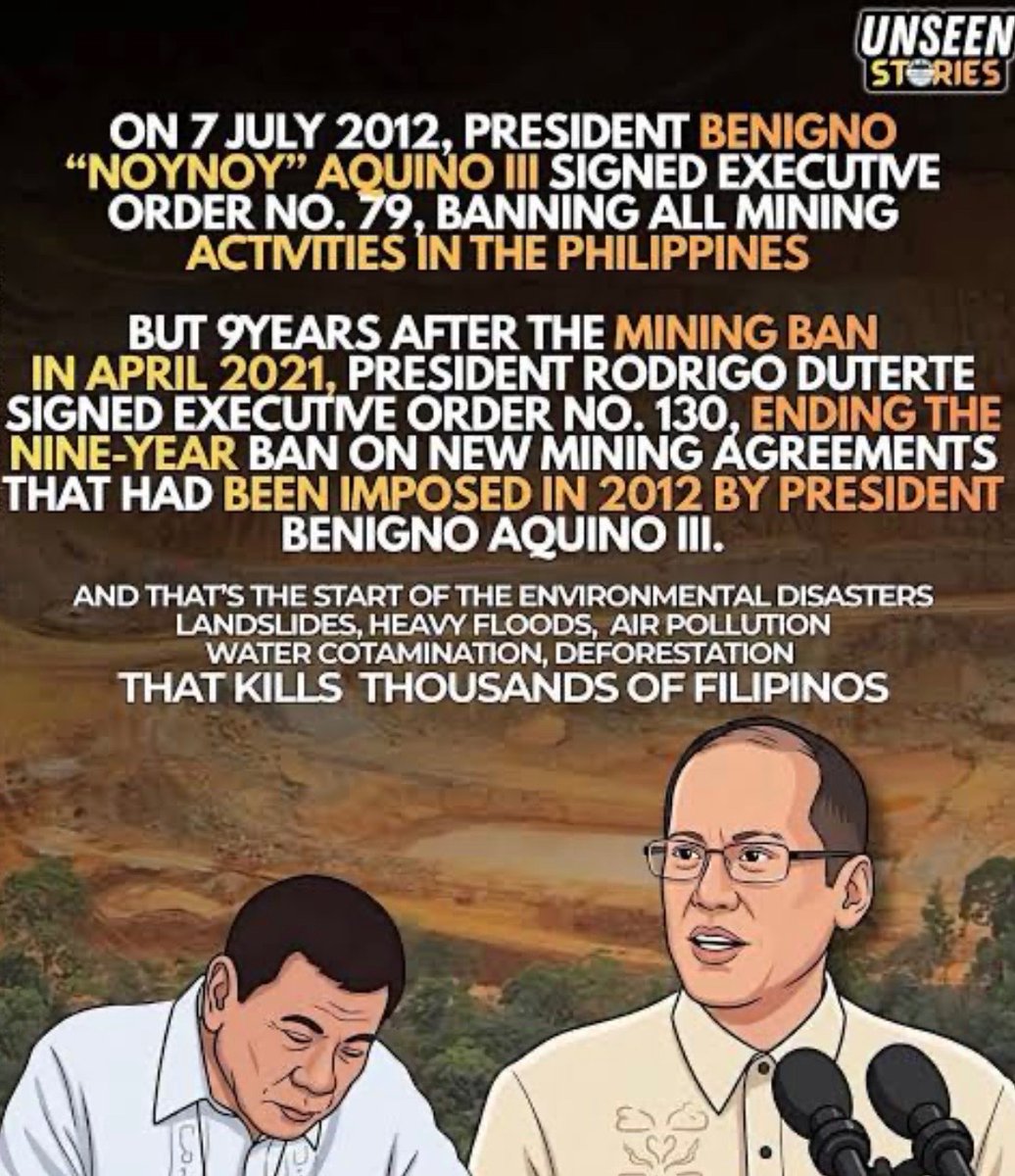 AltIndayBadiday's tweet photo. PNOY, established "no-go" mining zones through Executive Order No. 79 on July 7, 2012. This policy prohibited new mineral agreements in 78 identified tourism sites, protected areas, agricultural lands, island ecosystems, and critical marine sanctuaries.😭

Tapos yung Tatay niyo!! https://t.co/9R0lxU4ybw
