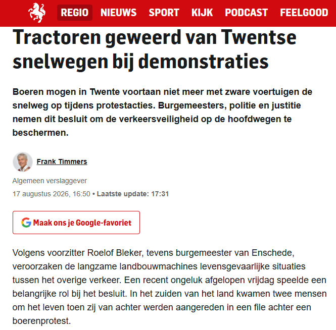 Symphony_res's tweet photo. Opvallend. Omdat ergens achter een boerenprotest een automobilist achterop een file rijdt, worden tractoren voortaan van de snelweg geweerd.

De bestuurder die achterop de file reed, blijkt zo een bijzaak te worden. Een file kan door tientallen oorzaken ontstaan; iedere weggebruiker blijft verantwoordelijk om op tijd te remmen.

Boeren collectief verantwoordelijk maken voor een dodelijke aanrijding achter in een file en dat vervolgens gebruiken als argument voor een algemeen verbod, verdient op z’n minst een veel kritischere onderbouwing.