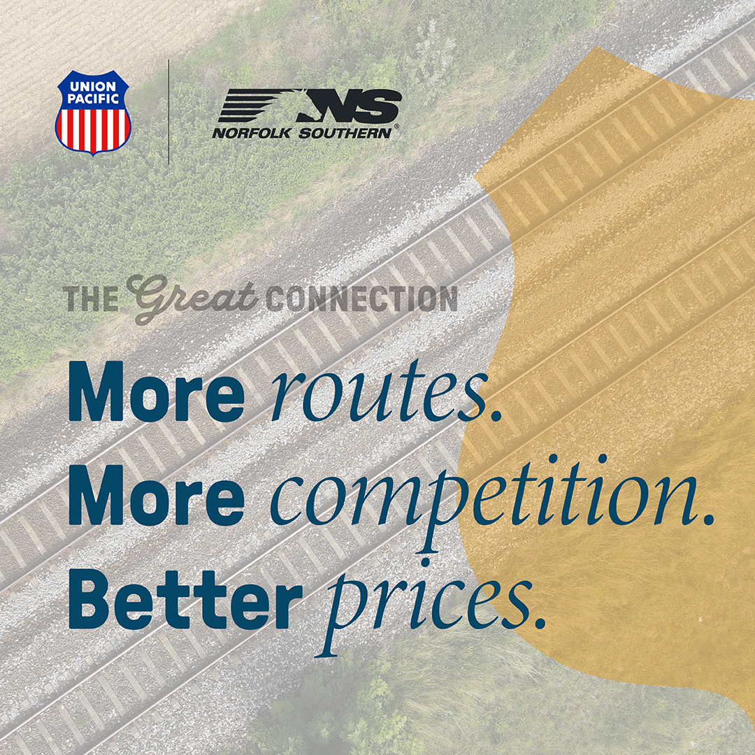 UnionPacific's tweet photo. Right now, a shipment crossing the country changes carriers, changes crews, and loses time. Our merger ends that. For the first time, more markets are within reach for American businesses on a seamless railroad, with one accountable partner, from origin to destination.