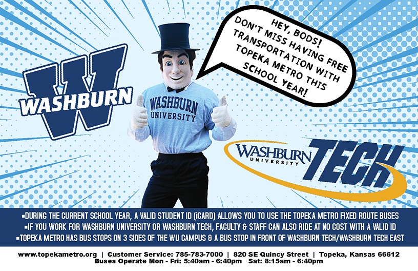 TopekaMetro's tweet photo. Washburn/Washburn Tech: Students, Faculty &amp; Staff can ride Topeka Metro for FREE w/ a 2026-27 iCard. Just show your card to the bus operator &amp; you're good to go! We're looking forward to seeing everyone at Washburn Market Daze on Aug. 19th. Let us help answer your questions! https://t.co/sg5rfvmDaB