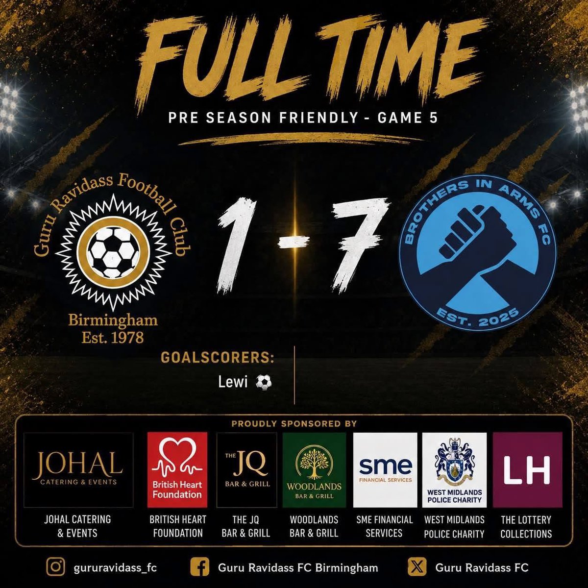 GuruRavidassFC's tweet photo. Pre Season Friendly Result - Game 5

Guru Ravidass FC 1 - 7 Brothers in Arms FC

Goalscorers:
Lewi ⚽️

#GRDFC
#PreSeasonFriendly
#GrassrootsFootball https://t.co/oLlvMDoLlt
