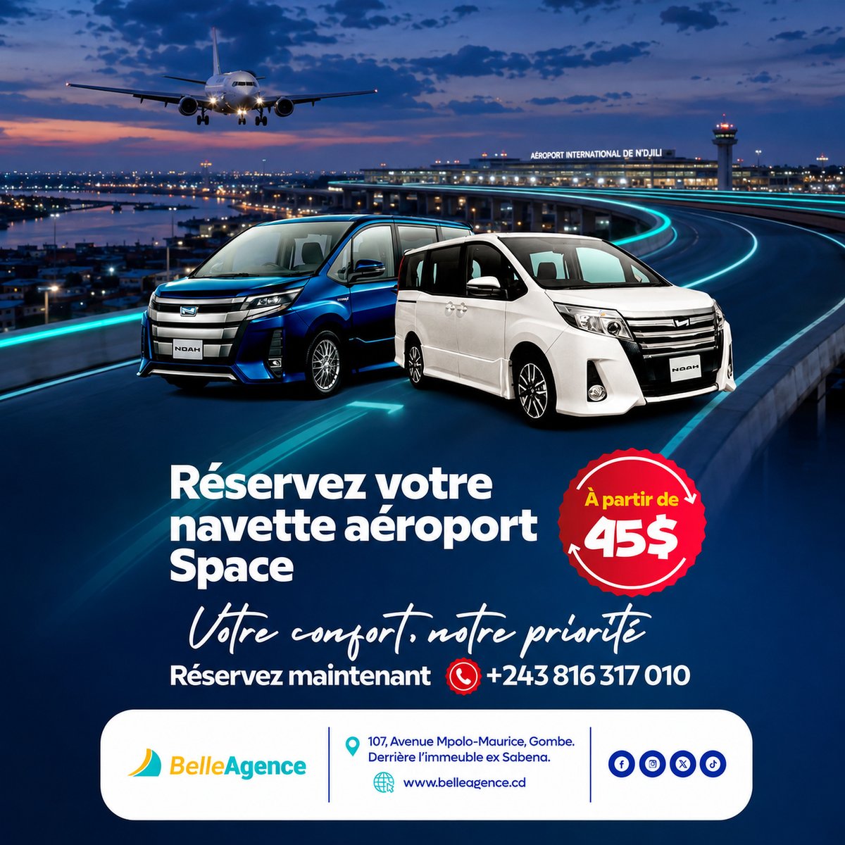 belleagencedrc's tweet photo. 3 h de bouchons pour 25 km. Le Boulevard Lumumba ne respecte personne. Sauf nos horaires.
Réservez votre navette aéroport maintenant !