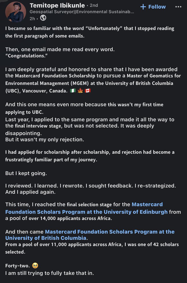 IyanuOlowoV's tweet photo. A First Class is great, but a strong Second Class paired with the right strategy, leadership, and impact can absolutely win global, fully-funded scholarships.

If you have been self-rejecting because of your CGPA, you need to read this incredible success story. 🧵👇 https://t.co/eF87yeE3an