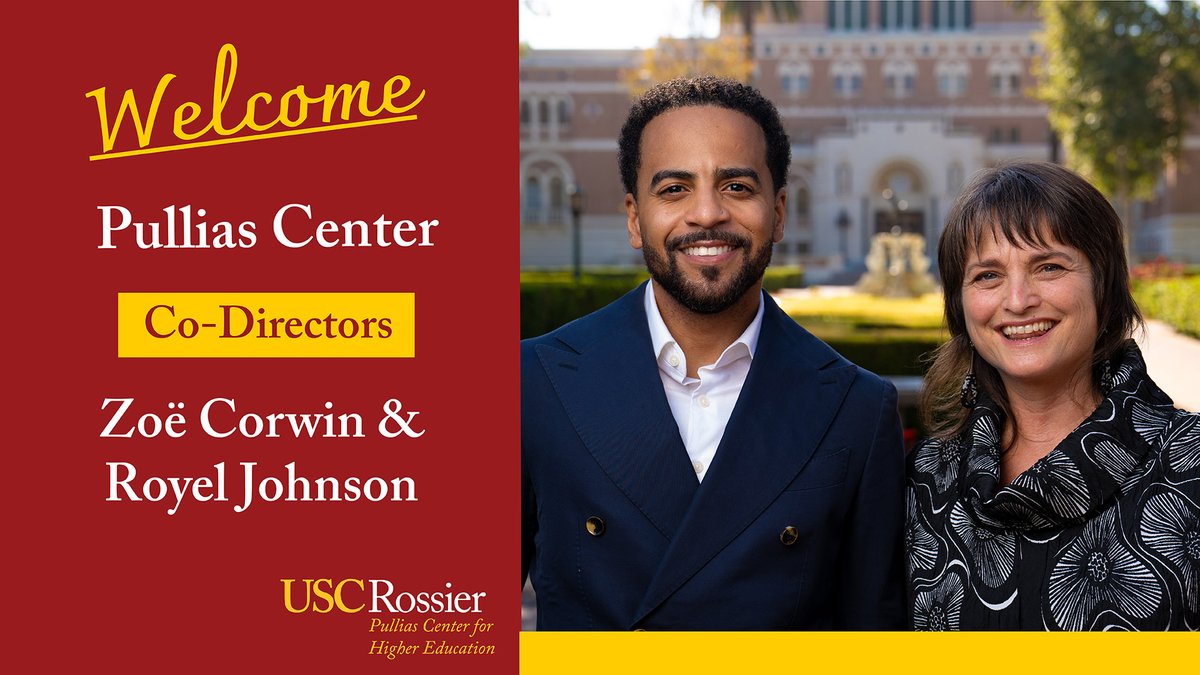 USCPullias's tweet photo. BREAKING NEWS: @USCPullias is pleased to announce that Dr. Zoë Corwin and Dr. Royel M. Johnson have been named as Co-Directors of the Center, effective Fall 2026. These accomplished scholars bring complementary strengths to their new roles, ensuring that Pullias continues to deepen its role as the nation’s preeminent research center where rigorous research meets practice. Please join us in congratulating them both! 

https://t.co/oRirKhBgkI

@ZCorwin, @royeljohnson, @AdriannaKezar, @PedroANoguera, @USCRossier, @ResearchAtUSC