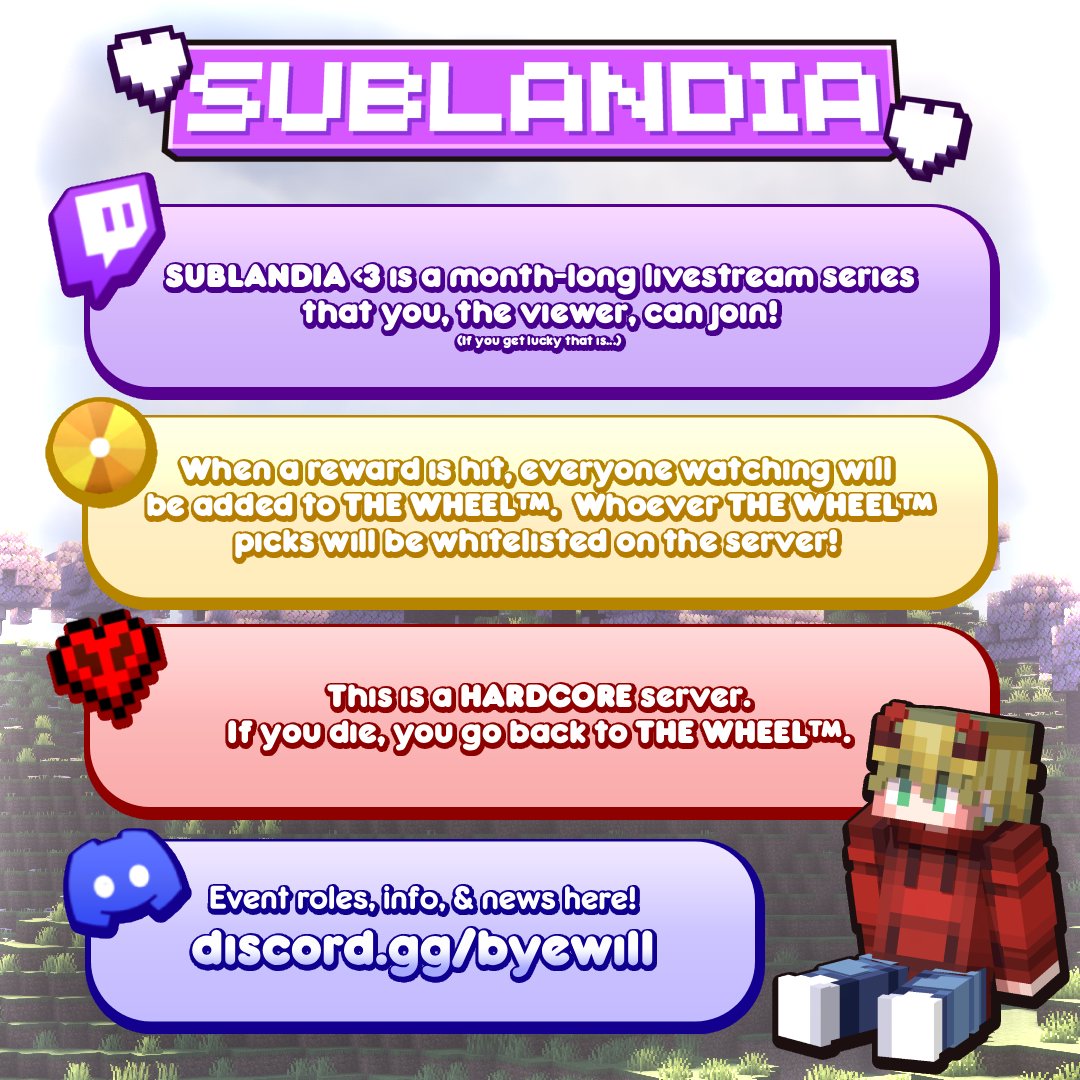 imbyewill's tweet photo. ⋅ ⋆ 💜 SUBLANDIA 💜 ⋆ ⋅

A Hardcore SMP YOU can join!

Day 1 ➯ Thursday, August 20th @ 7PM EST
💖 https://t.co/e29wuCkDGy

#sublandia #byelandia https://t.co/rs8udQ9GPr