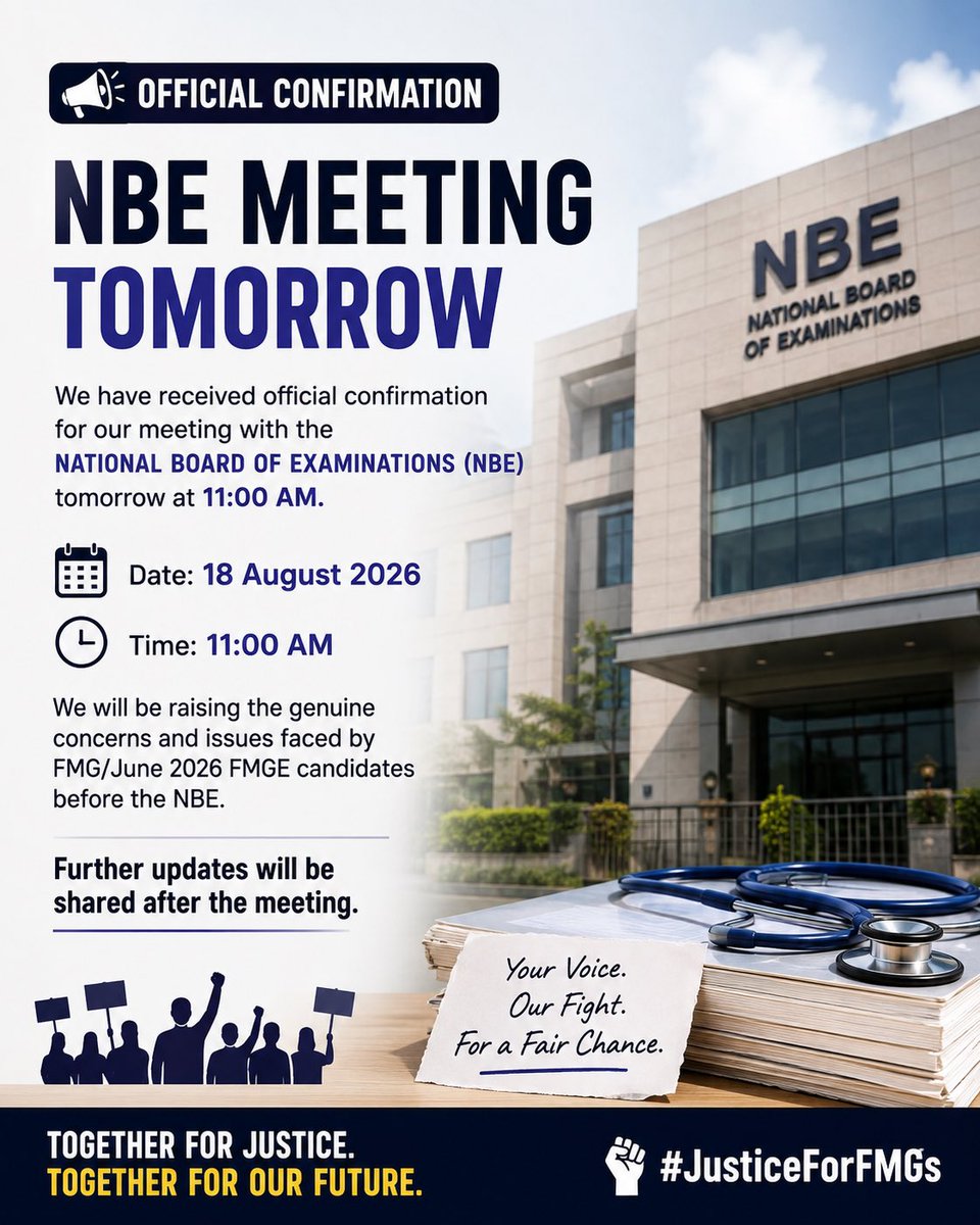 kamran__02's tweet photo. At 11:00 AM tomorrow, the officially confirmed meeting with the NBE will take place, where the concerns raised by candidates will be put forward.

We have waited.
We have spoken.
We have stood together.

Now, we hope tomorrow brings a response that acknowledges the difficulties+ https://t.co/uTMgUKBjSm