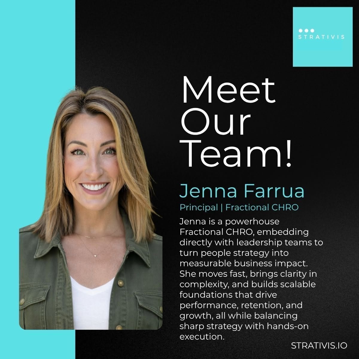 STRATIVIS_HR's tweet photo. Meet @JennaFerrua  Farrua, STRATIVIS Principal & Fractional CHRO

Jenna works directly with leadership teams to turn people strategy into measurable business impact. She brings clarity to complexity, builds scalable foundations, and balances sharp strategy with hands-on execution.

The result? Stronger performance, better retention, and people strategies built to support growth.

#STRATIVIS #FractionalCHRO #Leadership #HR