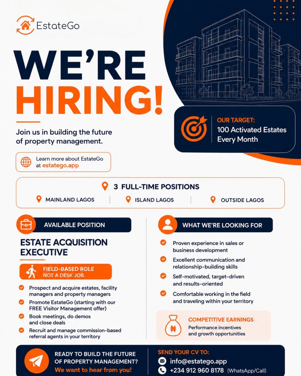 EstateGoNg's tweet photo. We r looking for Estate Acquisition Executives to join our growth team.

📍 Mainland  | Island | Outside Lagos

💼 Full-Time | Field-Based

If you’re driven, confident and passionate about sales development, lets hear from you.

📩 info@estatego.app
🌐 https://t.co/yuu4Pzywr9 https://t.co/3P0Y27EBmR