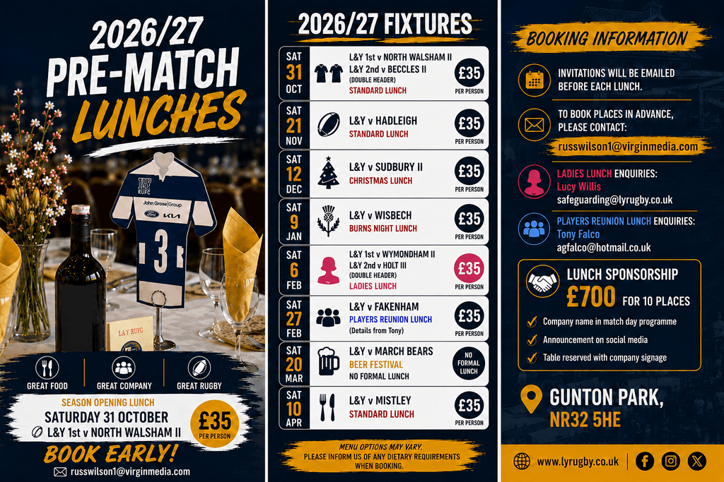 LYRUGBY's tweet photo. 2026/2027 Pre Match Lunches - 06/02/2027 #Pitchero
https://t.co/raVVr41t2t https://t.co/Kd6bKzQJcC