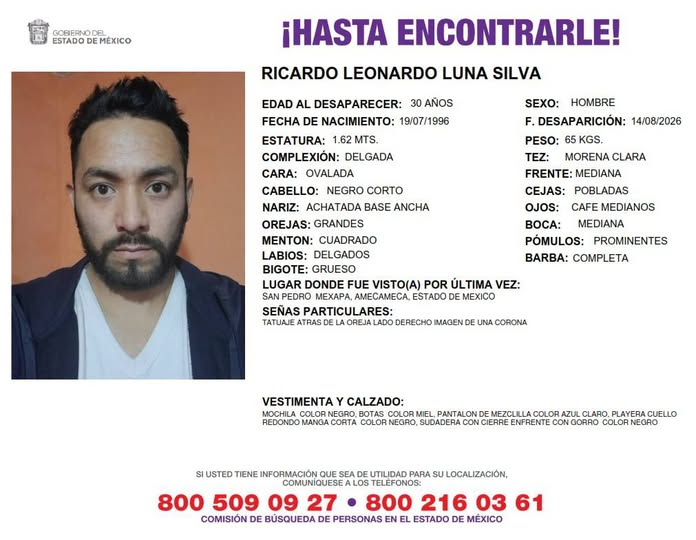 COBUPEM's tweet photo. Solicitamos de tu apoyo en difusión para dar pronta localización a Ricardo Leonardo Luna Silva, cualquier información favor de comunicarse a los teléfonos al pie del boletin. #TodosEnLaBúsqueda https://t.co/BiLKjHjeQH