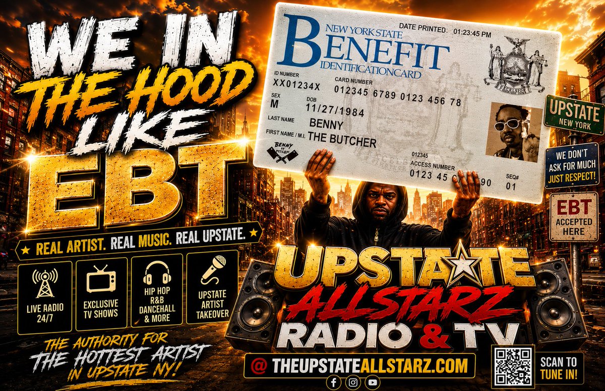 UpstateAllstarz's tweet photo. WE IN THESE STREETS LIKE EBT! ๐ค๐ฅ
If the Streets got a Soundtrackโฆ **UpstateAllstarzRadio** is PLAYINโ IT! ๐ฏ๐
๐ค Hip Hop โข R&B โข Dancehall
๐ก REAL MUSIC. REAL ARTISTS. NO FILTER.
๐ https://t.co/5m33ZMzF8U
#UpstateAllstarzRadio #WeInTheseStreets #UpstateNY #HipHop https://t.co/wudOGTCuZc