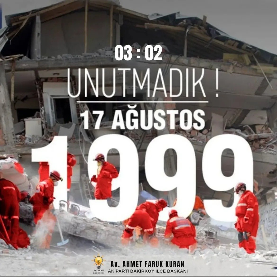 Akbakirkoy's tweet photo. 17 Ağustos 1999…

Hepimizin hafızasında derin izler bırakan Marmara Depremi’nin 27’nci yılında, hayatını kaybeden vatandaşlarımızı rahmetle anıyor; ailelerine sabır diliyoruz.

Yitirdiğimiz canlarımızı ve o gece yaşanan büyük acıyı unutmadık, unutmayacağız.

Rabbim ülkemizi ve milletimizi her türlü afetten muhafaza eylesin.

#17Ağustos1999 #DepremiUnutmadık #SevdamızBakırköy #AKPartiBakırköy #HerMahallesiyleBakırköy