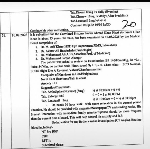 ShaykhSulaiman's tweet photo. IMRAN KHAN MEDICAL REPORT 

✅ Blood pressure fluctuations
✅ Stress reduction recommendation
✅ More Family visits 
✅ CT coronary angiography required 
✅ Increase in Norvasc to 5mg daily

FREE IMRAN KHAN https://t.co/udMlzuqzne