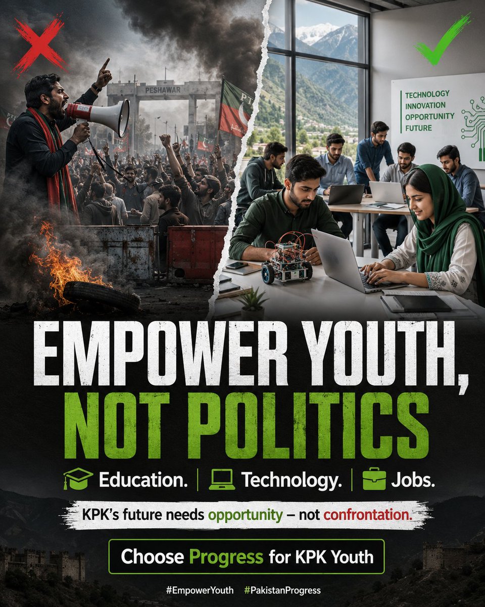 zainab_908's tweet photo. True empowerment lies in quality education, technology centers, and jobs for #KPK’s youth—not in political rhetoric and confrontational calls. #EmpowerYouth #PakistanProgress #EnoughIsEnoughFreeKhan https://t.co/DnJ0bXWbD8